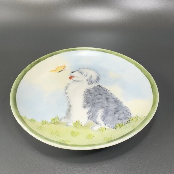 German Porcelain Dish Plate Old English Sheepdog With Butterfly Painted Signed - Picture 12 of 15
